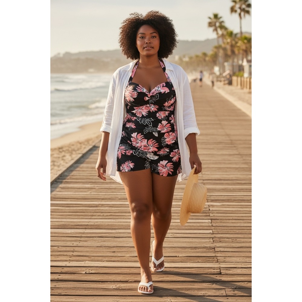 Tropical Floral Halter Swim Romper Black Pink White Plus Size 3XL One Piece